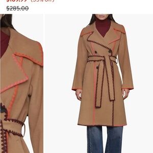 NWT Avec Les Filles Whipstitch Trim Belted Double Face coat in Caramel